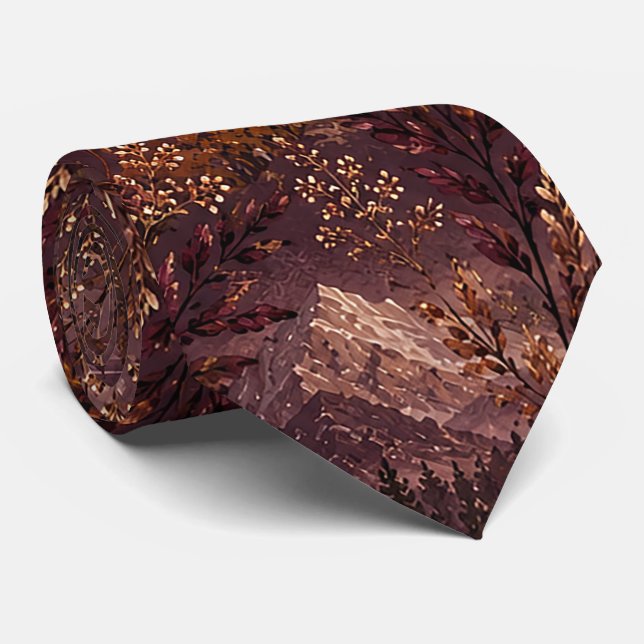 Dark Mountain Botanical Autumn Pattern Tie (Rolled)