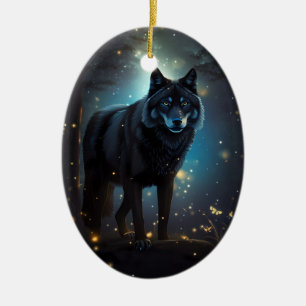 Dark Mysterious Black Wolf  Ceramic Ornament