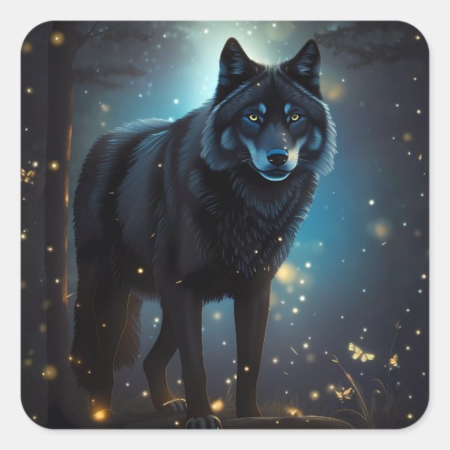 Dark Mysterious Black Wolf  Square Sticker (Front)