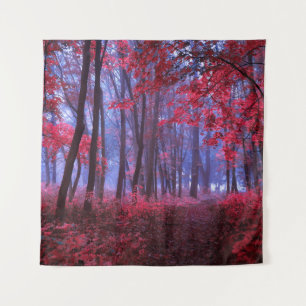 Dark mysterious forest in pink tones. Mystical aut Tapestry
