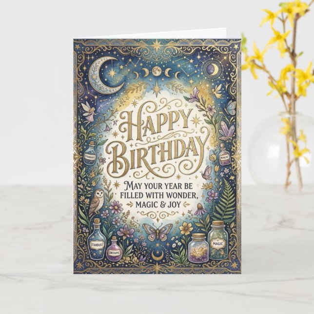 Dark Mystical Celestial Magic Happy Birthday Card (Yellow Flower)
