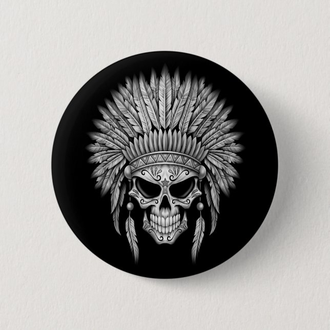 Dark Native Sugar Skull with Headdress 2 Inch Round Button (Front)