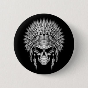 Dark Native Sugar Skull with Headdress 2 Inch Round Button