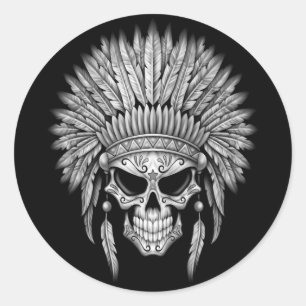Dark Native Sugar Skull with Headdress Classic Round Sticker
