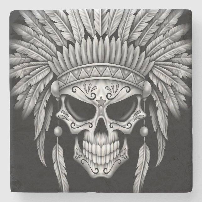Dark Native Sugar Skull with Headdress Stone Coaster (Front)