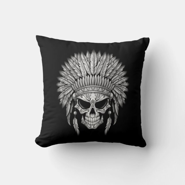 Dark Native Sugar Skull with Headdress Throw Pillow (Front)