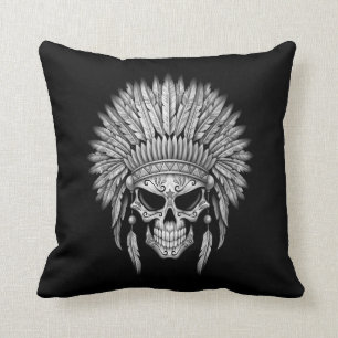 Dark Native Sugar Skull with Headdress Throw Pillow