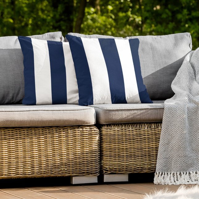 Dark Nautical Navy Blue White Bold Mod Stripes Outdoor Pillow (Creator Uploaded)