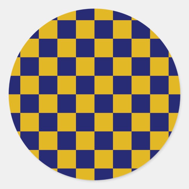Dark Navy and Mustard Yellow Chequerboard Classic Round Sticker (Front)