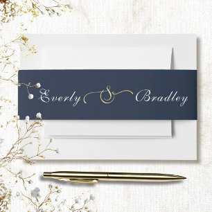 Dark Navy Background White Script Gold Ampersand Invitation Belly Band