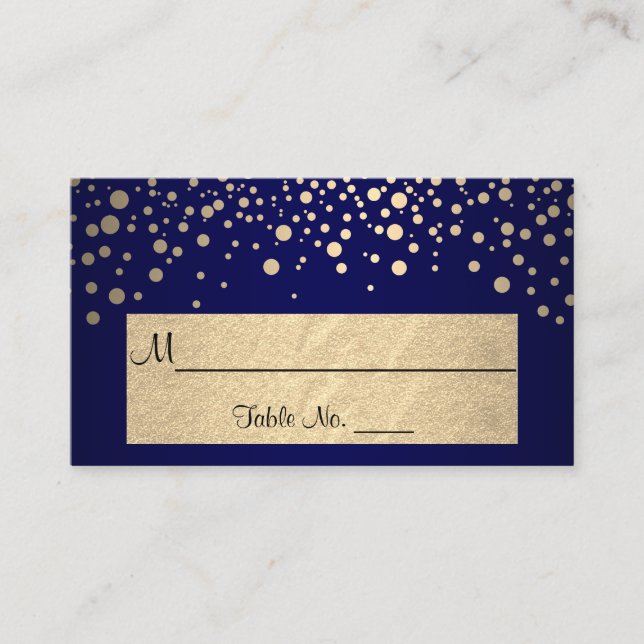 Dark Navy Blue and Gold Chevron and Confetti Dots Place Card (Front)