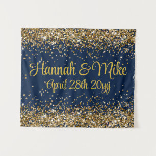 Dark Navy Blue and Gold Wedding Photo Booth Prop Tapestry