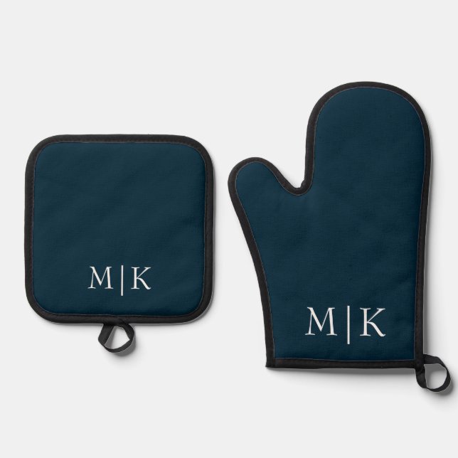 Dark Navy Blue and White | Modern Monogram Oven Mitt & Pot Holder Set (Front)