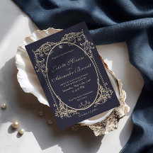 Dark Navy Blue Baroque Monogram Wedding Invitation