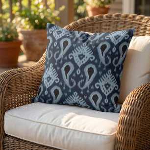 Dark Navy Blue Black Ikat Tribal Art Pattern Outdoor Pillow