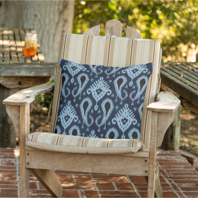 Dark Navy Blue Black Ikat Tribal Art Pattern Outdoor Pillow (Chair)