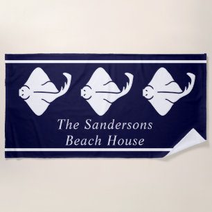 Dark Navy Blue Coastal Nautical Stingray Manta Ray Beach Towel
