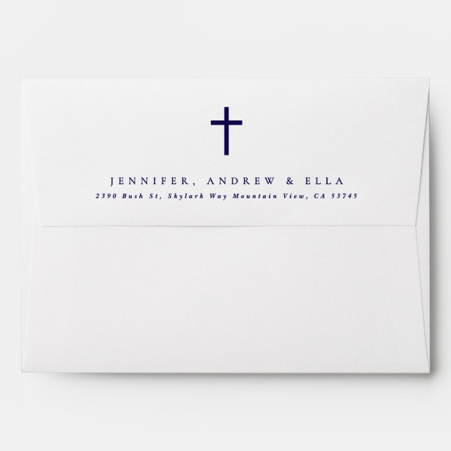 Dark Navy Blue Cross Calligraphy Baptism Invite Envelope (Back (Top Flap))