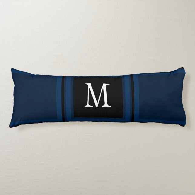Dark Navy Blue Custom Single Initial Striped Body Pillow (Front)