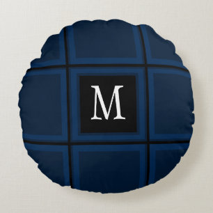 Dark Navy Blue Custom Single Initial Striped Round Pillow