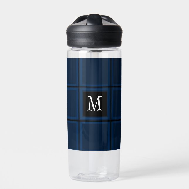 Dark Navy Blue Custom Single Initial Striped Water Bottle (Front)