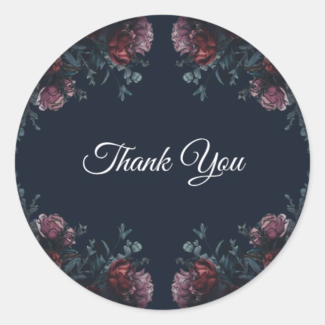 Dark Navy Blue Floral Elegant Wedding Maroon Mauve Classic Round Sticker (Front)