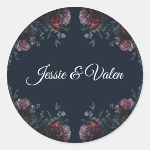 Dark Navy Blue Floral Elegant Wedding Maroon Mauve Classic Round Sticker