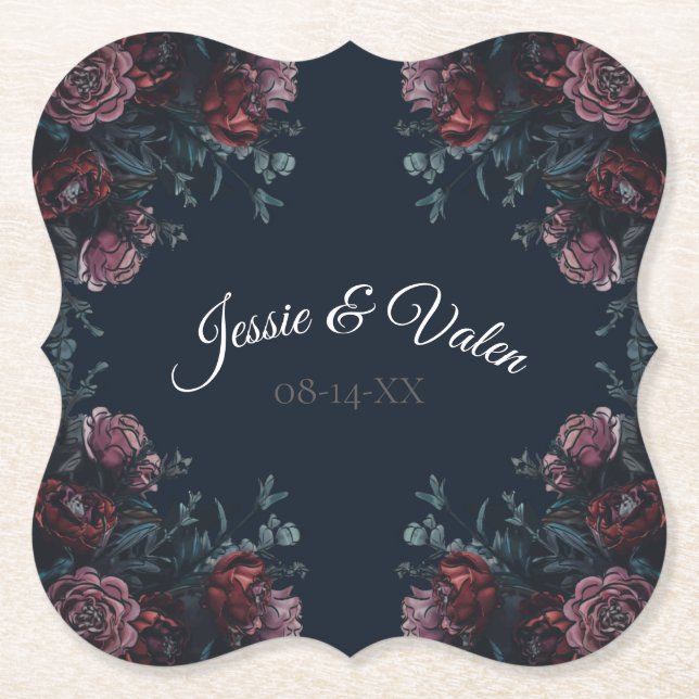 Dark Navy Blue Floral Elegant Wedding Maroon Mauve Paper Coaster (Front)
