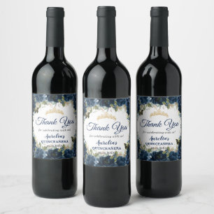 Dark Navy Blue Floral Roses Butterflies Favor Wine Label