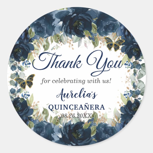 Dark Navy Blue Floral Roses Butterflies Favour Classic Round Sticker (Front)
