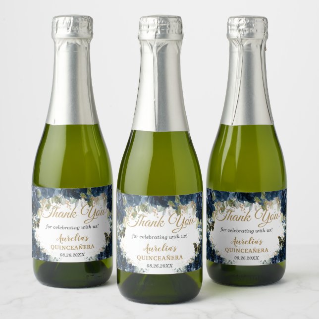 Dark Navy Blue Floral Roses Butterflies Favour Sparkling Wine Label (Bottles)