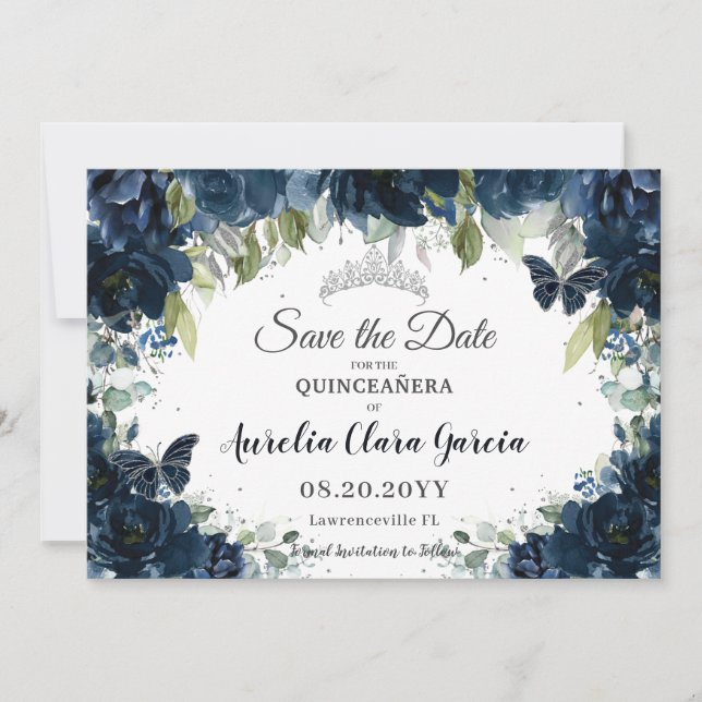 Dark Navy Blue Floral XV Quinceañera Save the Date (Front)