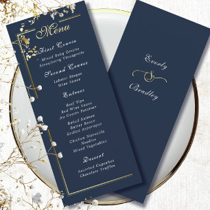 Dark Navy Blue Gold Frame White Script Menu Choice