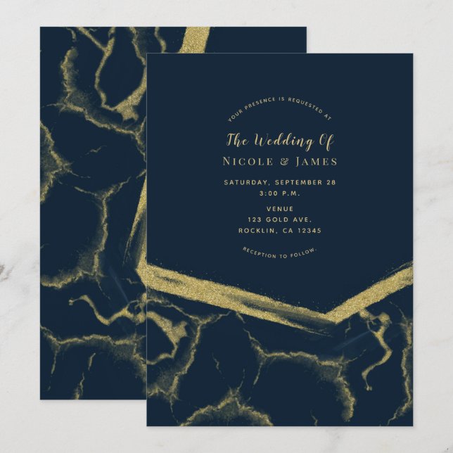 Dark Navy Blue & Gold Marble Chic Modern Wedding Invitation (Front/Back)