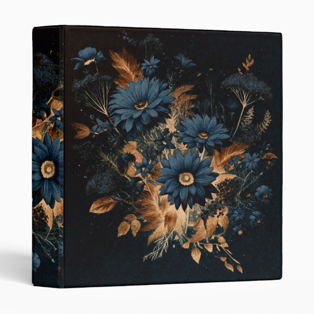 Dark Navy Blue & Gold Rustic Floral Glam Boho  Binder (Front/Spine)
