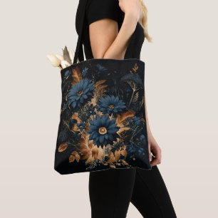 Dark Navy Blue & Gold Rustic Floral Glam Boho  Tote Bag