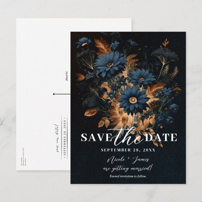 Dark Navy Blue Gold Rustic Glam Boho Save the Date Announcement Postcard (Front/Back)