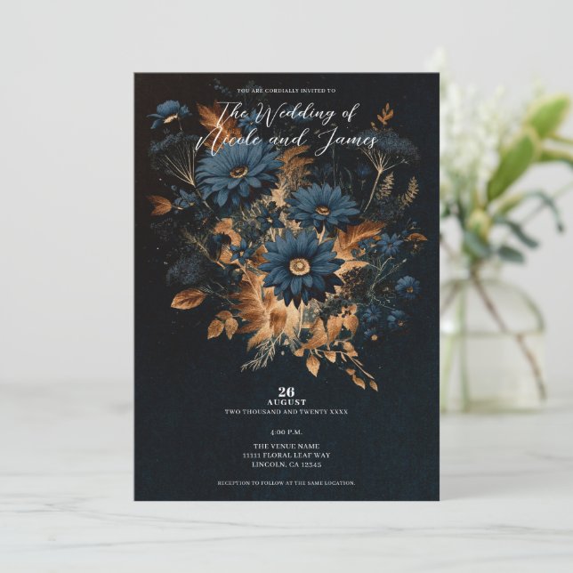 Dark Navy Blue & Gold Rustic Glam Boho Wedding  Invitation (Standing Front)