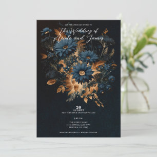 Dark Navy Blue & Gold Rustic Glam Boho Wedding Invitation