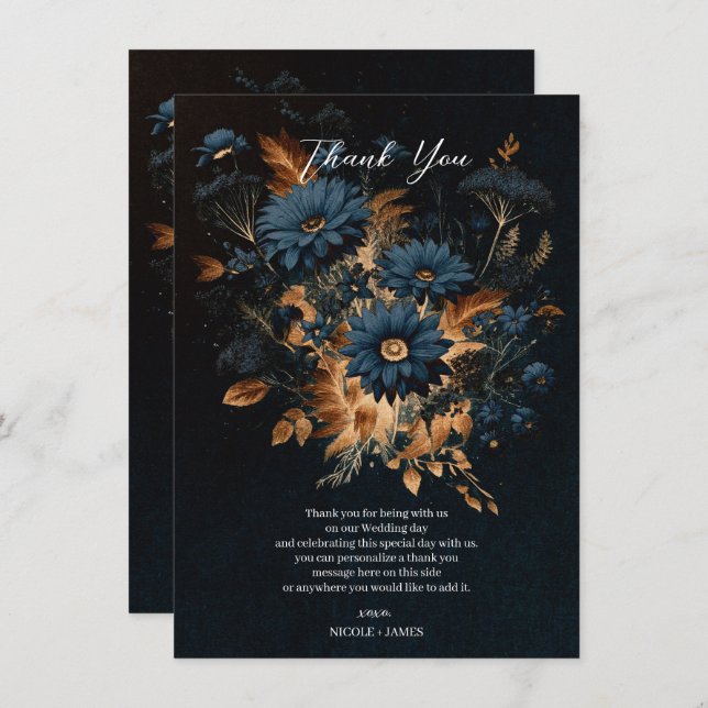 Dark Navy Blue & Gold Rustic Glam Boho Wedding  Invitation (Front/Back)