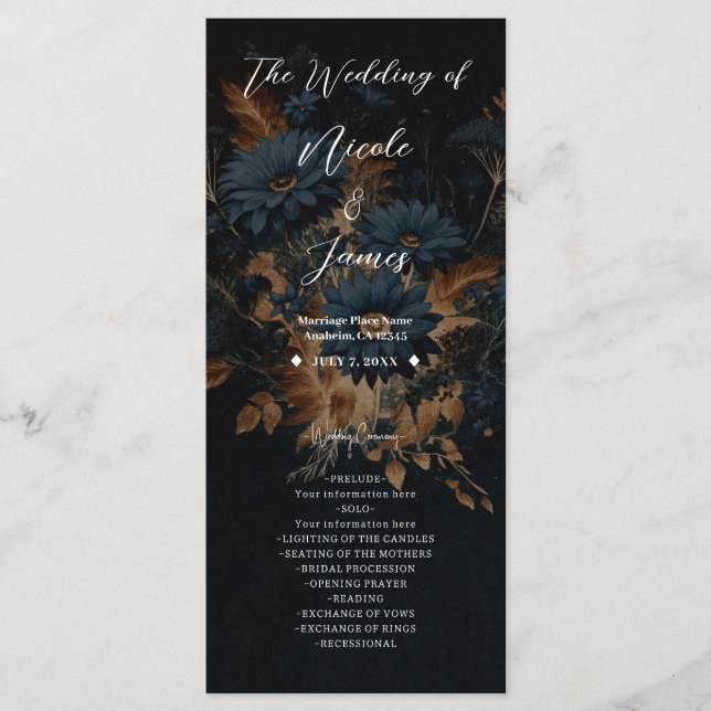 Dark Navy Blue & Gold Rustic Glam Boho Wedding  Program (Front)