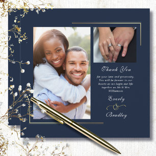 Dark Navy Blue Gold White Script Photo Thank You  Invitation