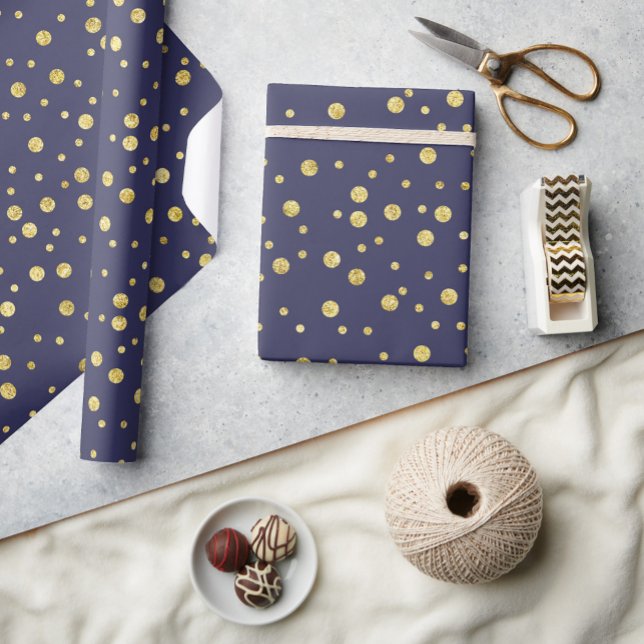 Dark Navy Blue Golden Chic Dots Wrapping Paper (Creator Uploaded)