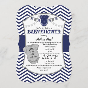 Dark Navy Blue Grey Chevron Baby Shower Invitation