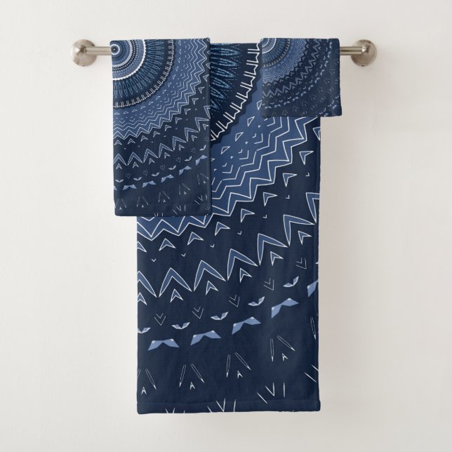 Dark Navy Blue Mandala  Bath Towel Set (Insitu)