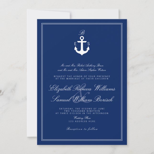 Dark Navy Blue Nautical Monogram Wedding Invite (Front)