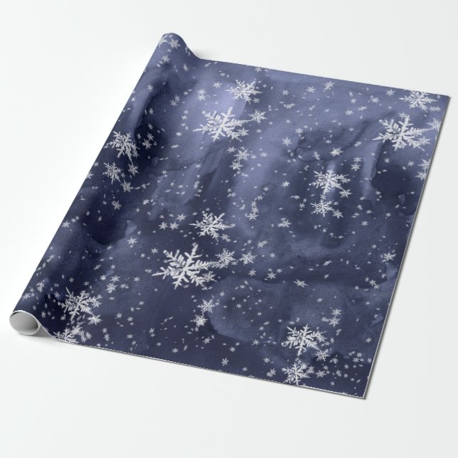 Dark Navy Blue Night Sky Fresh Fallen Snowflakes Wrapping Paper (Unrolled)