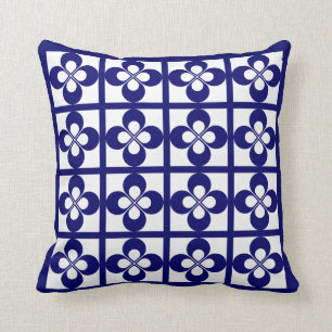 Dark Navy Blue on White Geometric Floral Throw Pillow