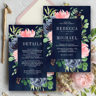 Dark Navy Blue Pink Floral All in One Wedding Invitation