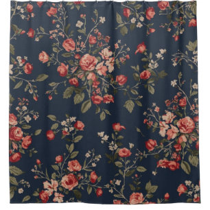Dark Navy Blue Red Sage Cottage Floral